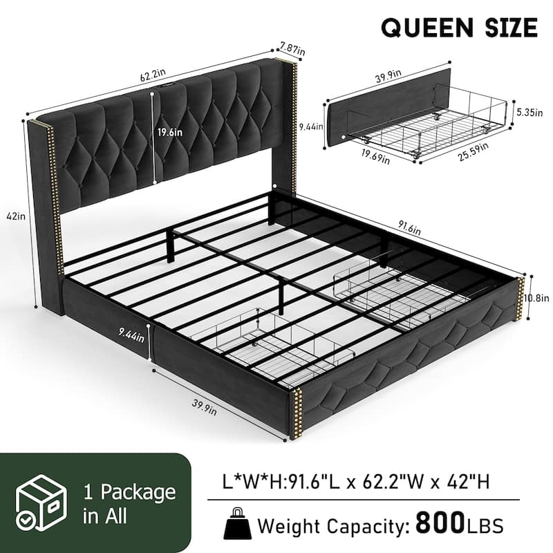 Wingback Bed Velvet Upholstered Platform Bed Frame with 2 Storage Drawers and Headboard, Charging Station, Noise-Free, Black