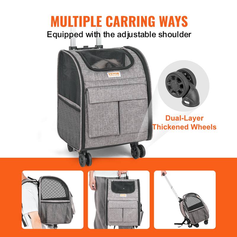 VEVOR Cat Carrier with Wheels Rolling Pet Carrier with Telescopic Handle and Shoulder Strap