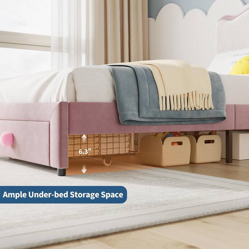 Upholstered Bed Frame for Kids with Storage Drawer and Scallop Headboard, No Box Spring Needed