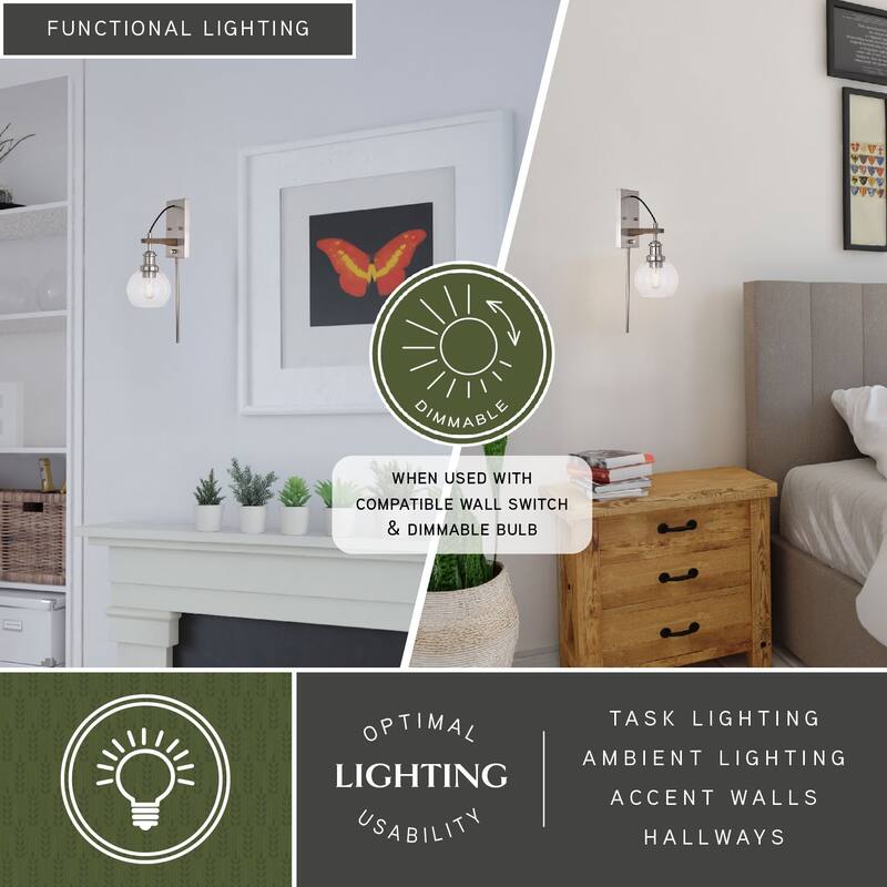 Avondale 6-in Satin Nickel and Wood Farmhouse Plug In Wall Sconce Reading Light, Clear Seed Glass Globe, On/Off Switch