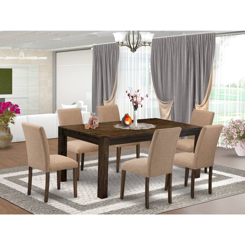 7-Piece Dining Set - Rectangular Table & 6 Parsons Chairs - Light Sable Fabric - 72