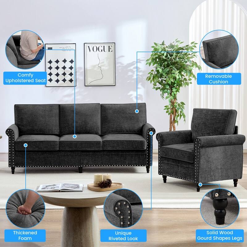 Mixoy Chenille Fabric 3-Seater Sofa Couch with Single Sofa Chair with Rivet Design,Solid Wood Gourd Legs for Living Room - 3+1