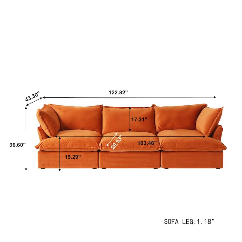 3-Seater Velvet Cloud Sectional Sofa, Down Feather Wide Deep Seat Modular Couch