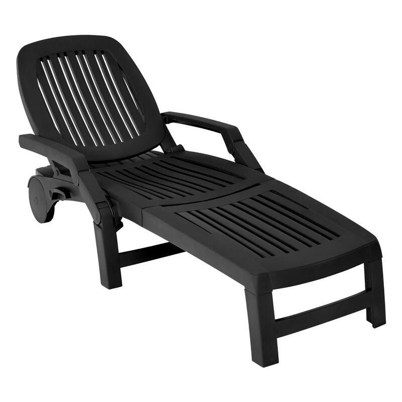 Outdoor Chaise Lounge Outdoor Adjustable Backrest Recliner with Wheels - Black