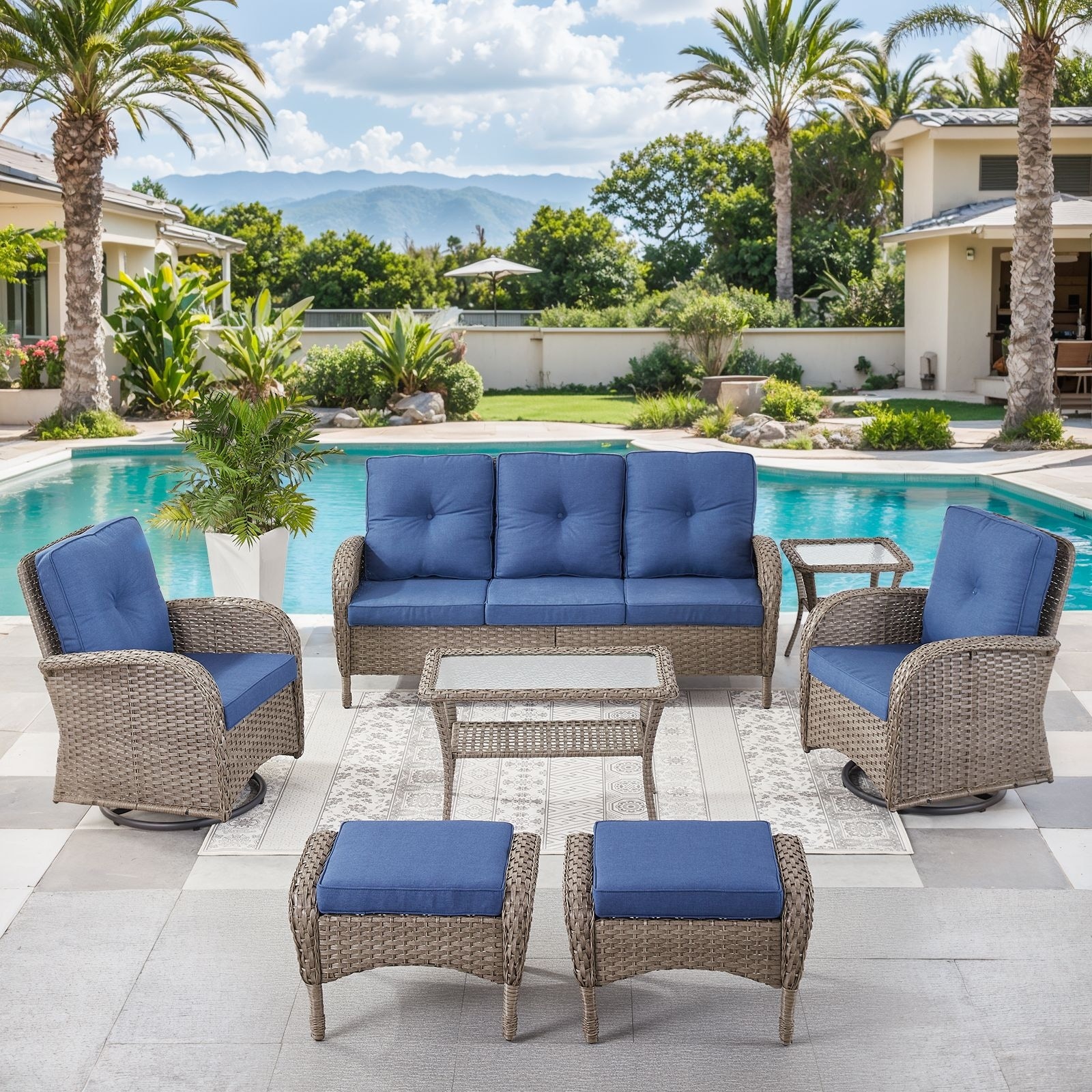 7 Pieces Sofa with Swivel Chairs Ottomans and Table Set