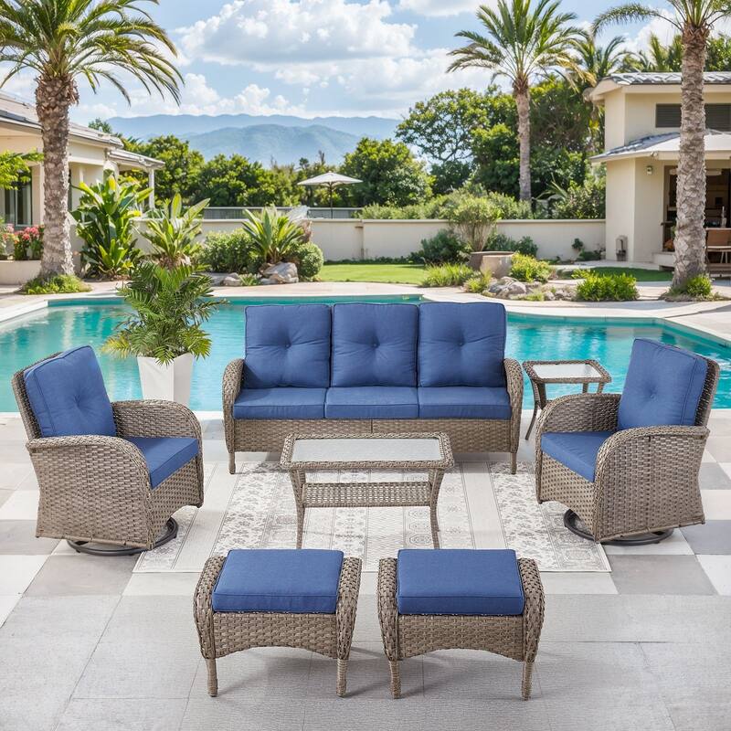 7 Pieces Sofa with Swivel Chairs Ottomans and Table Set - Grey - Blue