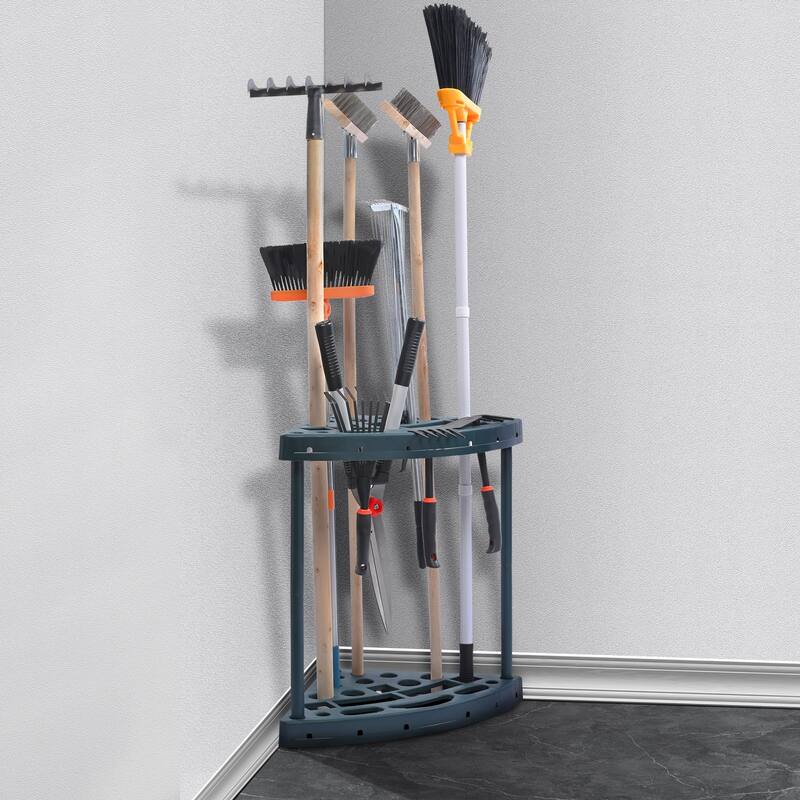 Blue PP 19 Slots Garden Tool Organizer Tower Rack with Upper and Lower Trays for Storage - 19.4 x 32 x 20 in