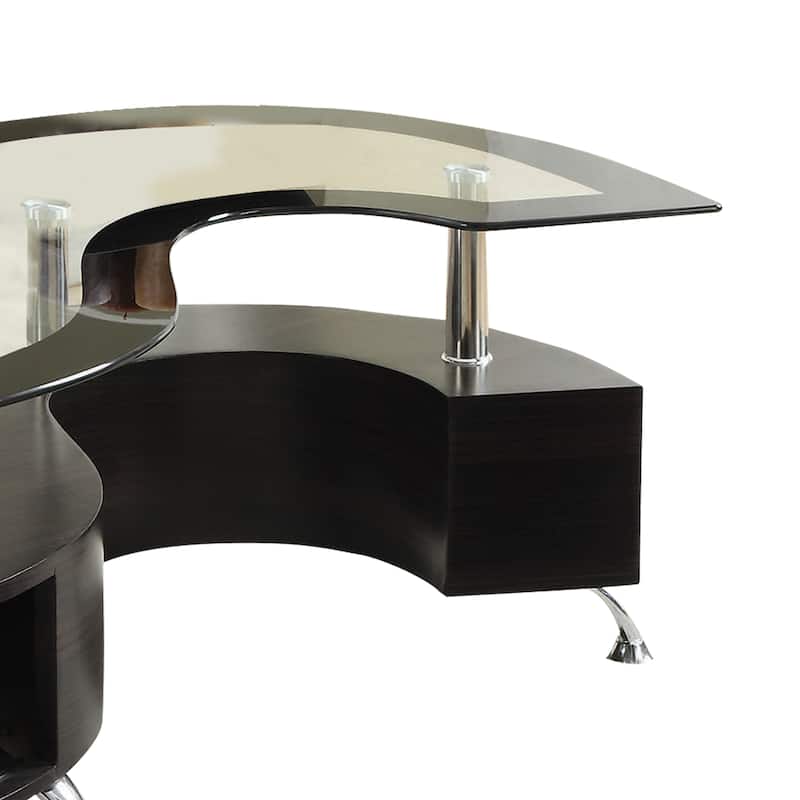S Shape Contemporary Wood Base Coffee Table with Glass Top,Silver and Brown