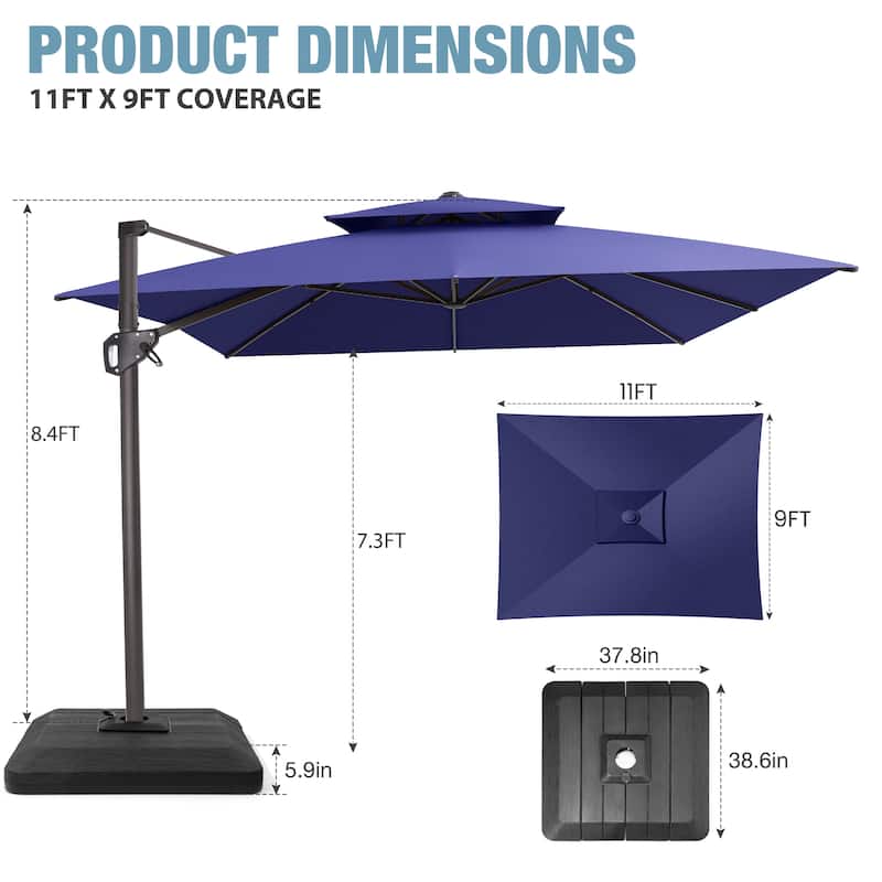 VredHom Patio Outdoor 9 x 11 FT Cantilever-Offset Umbrella with Premium Weight Base