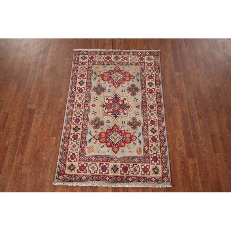 Geometric Kazak Accent Rug Hand-Knotted Foyer Wool Carpet - 3'3" x 5'2"