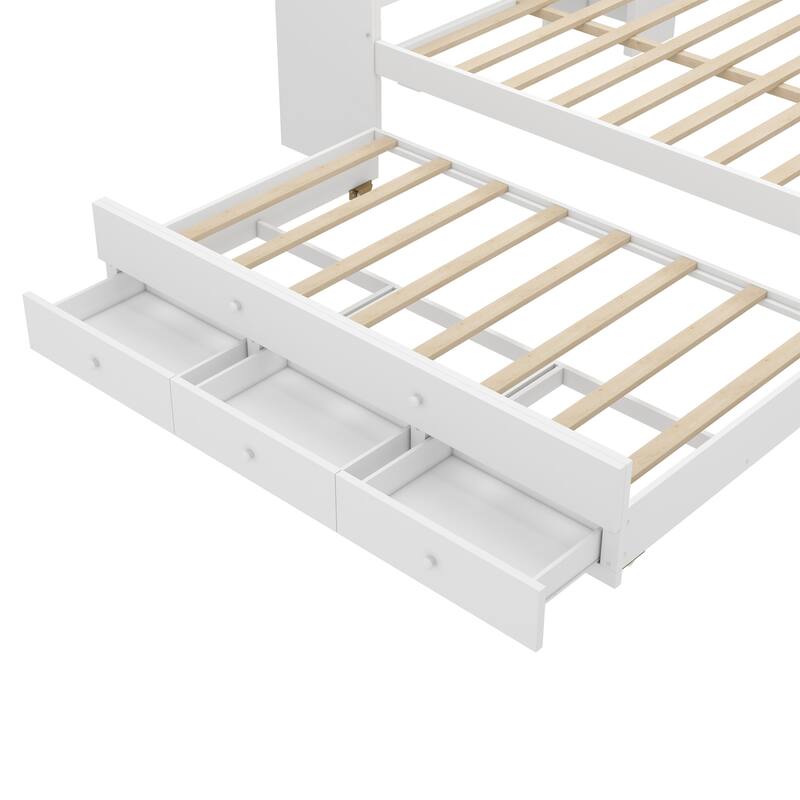 Full Size Daybed with Trundle, Wood Day Bed Frame with Storage Drawers and Side Shelves, Daybed with Desk, No Spring Box Needed