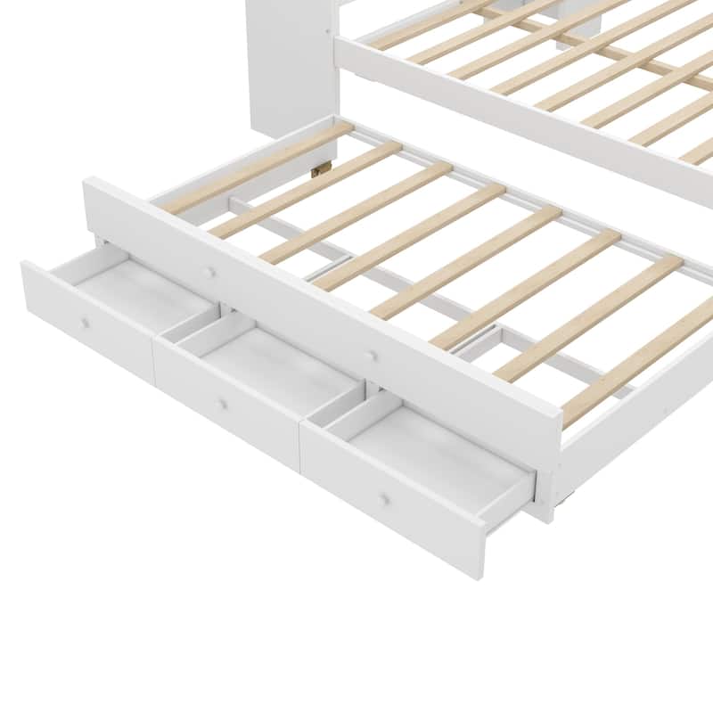 Full Size Wood Daybed with Trundle, Storage Drawers, Side Shelves, and Desk, White