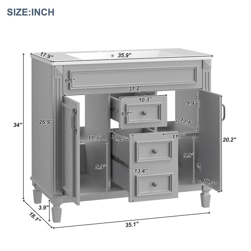 36'' Bathroom Vanity with Top Sink,2 Soft Closing Doors and 2 Drawers