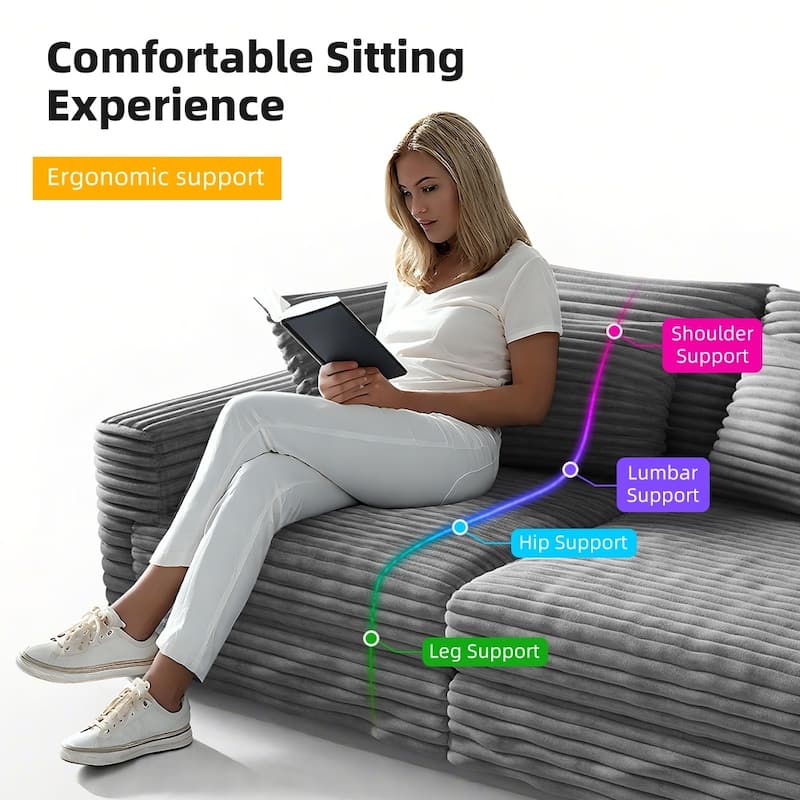 102.4 " Modern Plush Corduroy 4-Seat Sofa with Soft Pillows and Movable Ottoman