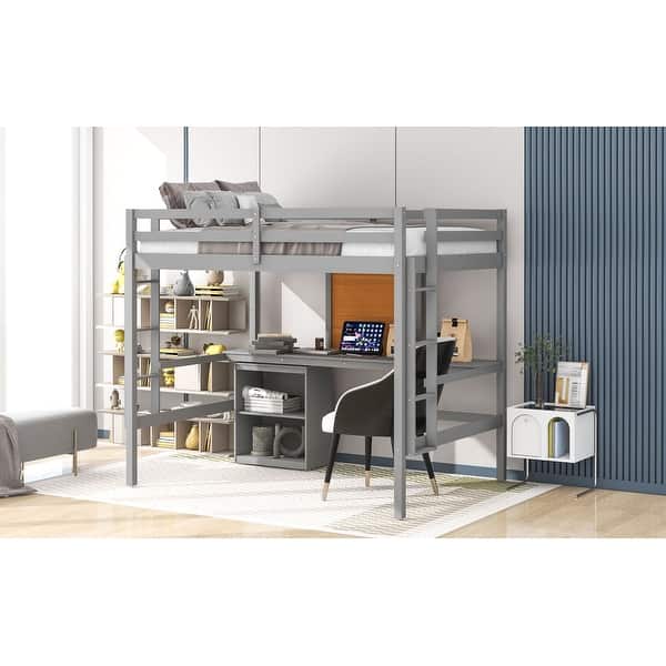 slide 2 of 14, Full Wood Loft Bed with Desk, Writing Board, Cabinet & Safety Barriers Gray - Full