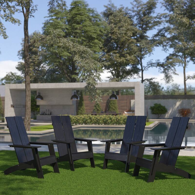 Set of 4 Modern Dual Slat Back Indoor/Outdoor Adirondack Style Chairs - Black