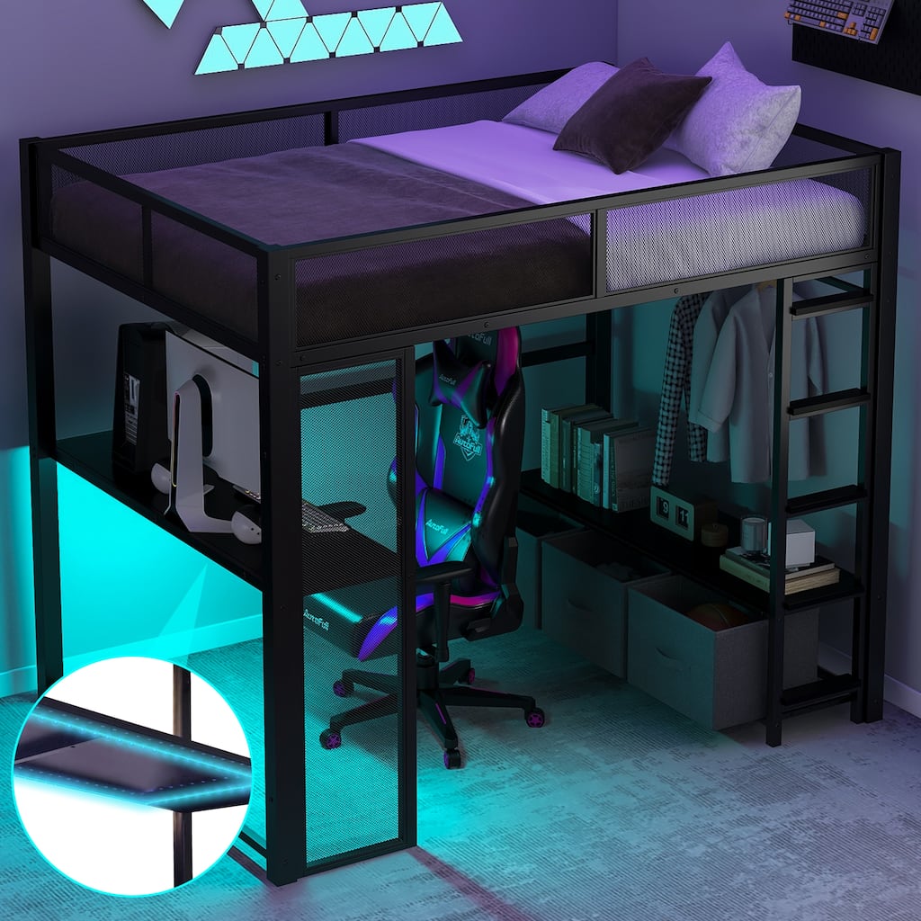 Full Size Black Metal Gaming Loft Bed with LED Lights, Built-in Desk, Wardrobe & 3 Storage Drawers