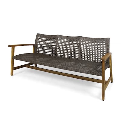 Bops Outdoor Sofa, Brown Acacia Wood Frame, 76 Inch, Gray Wicker