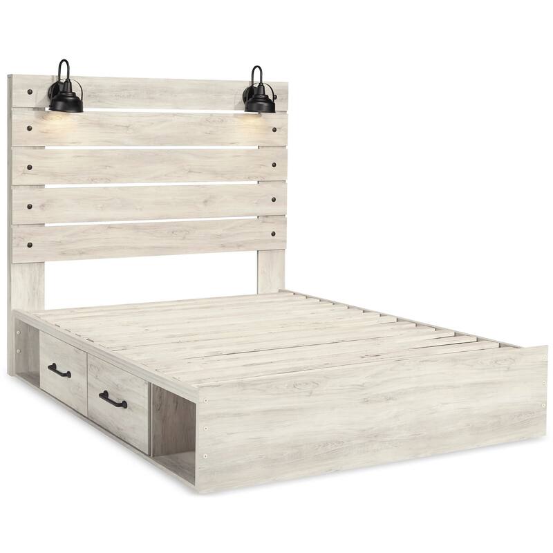Cemy Rustic Queen Panel Bed, 2 Sconce Lights and 4 Drawers, Whitewash
