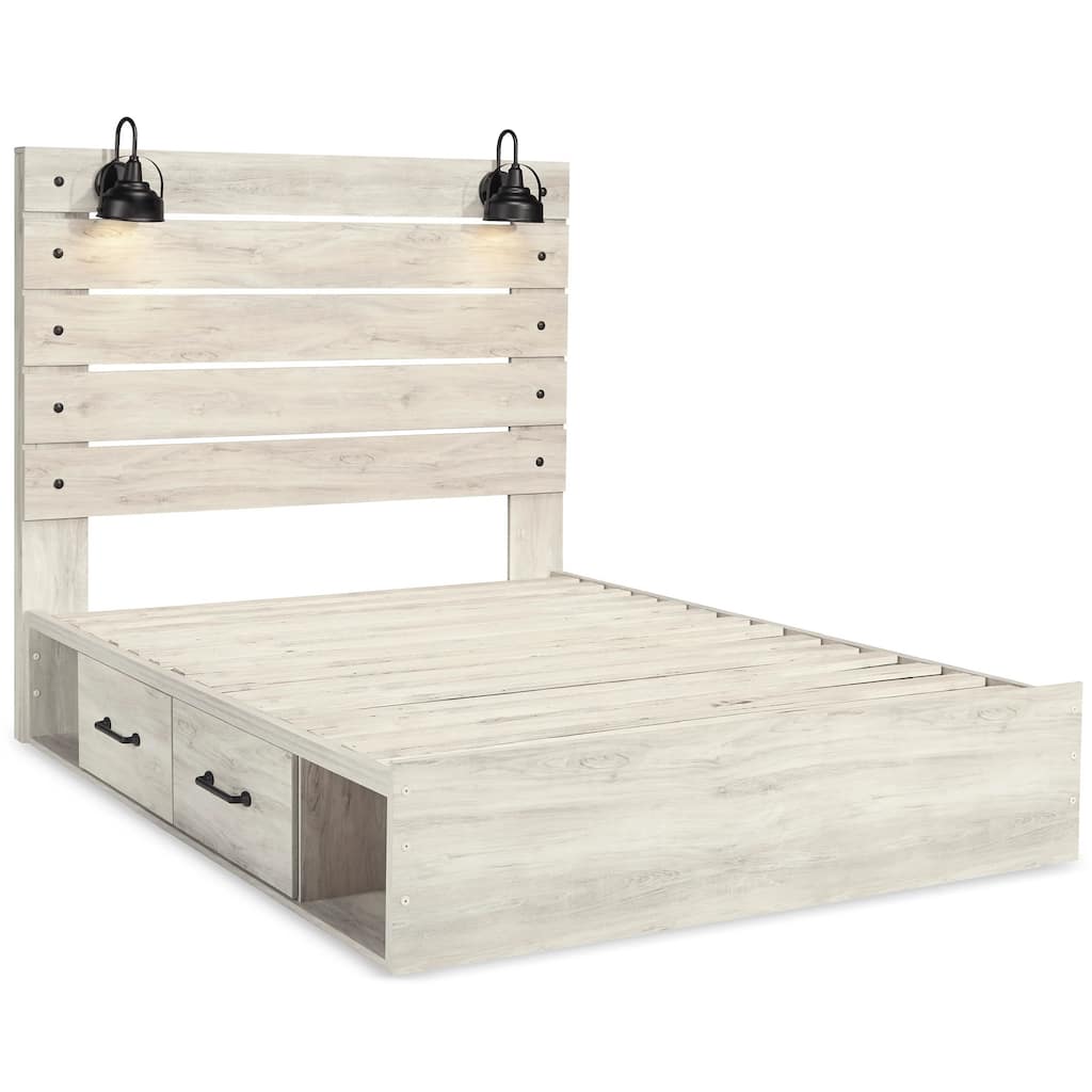 Cemy Rustic Queen Panel Bed, 2 Sconce Lights and 4 Drawers, Whitewash