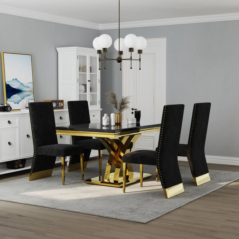 Stylish Modern X Cross Base Dining Room Table Set with Gold Dining Chairs - Black - Table with 4 Chairs