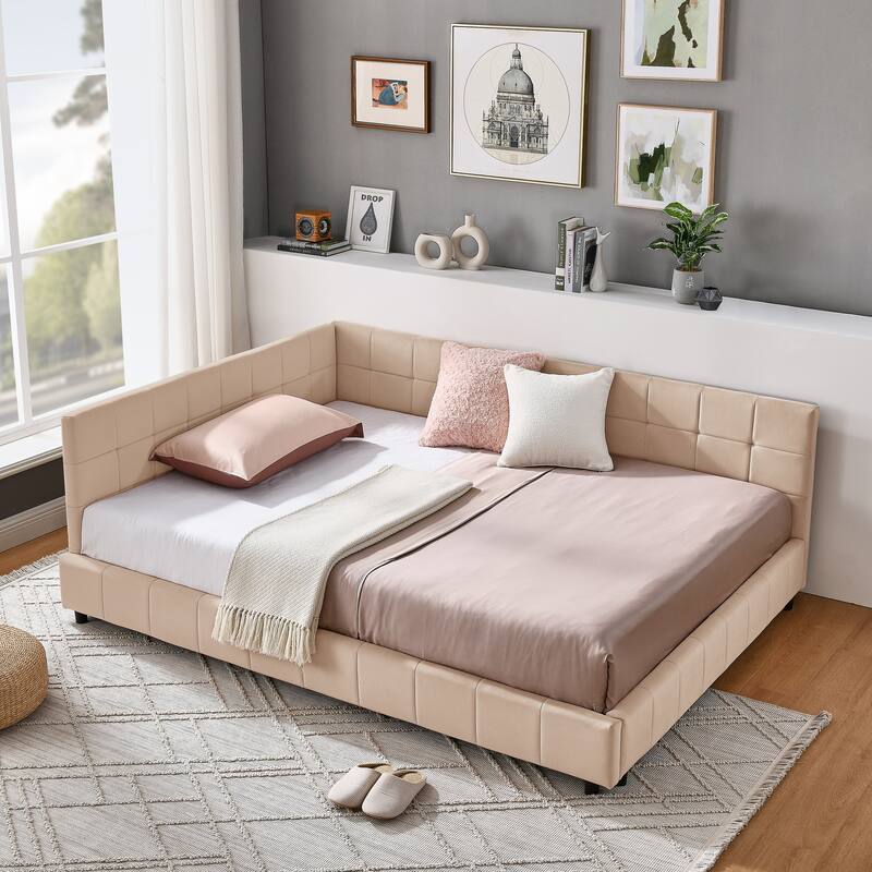 L-shaped Velvet Upholstered Daybed Tufted Sofa Bed with Soft Backrest Armrests - and Optional Corner Storage Day Bed - Pink - Full