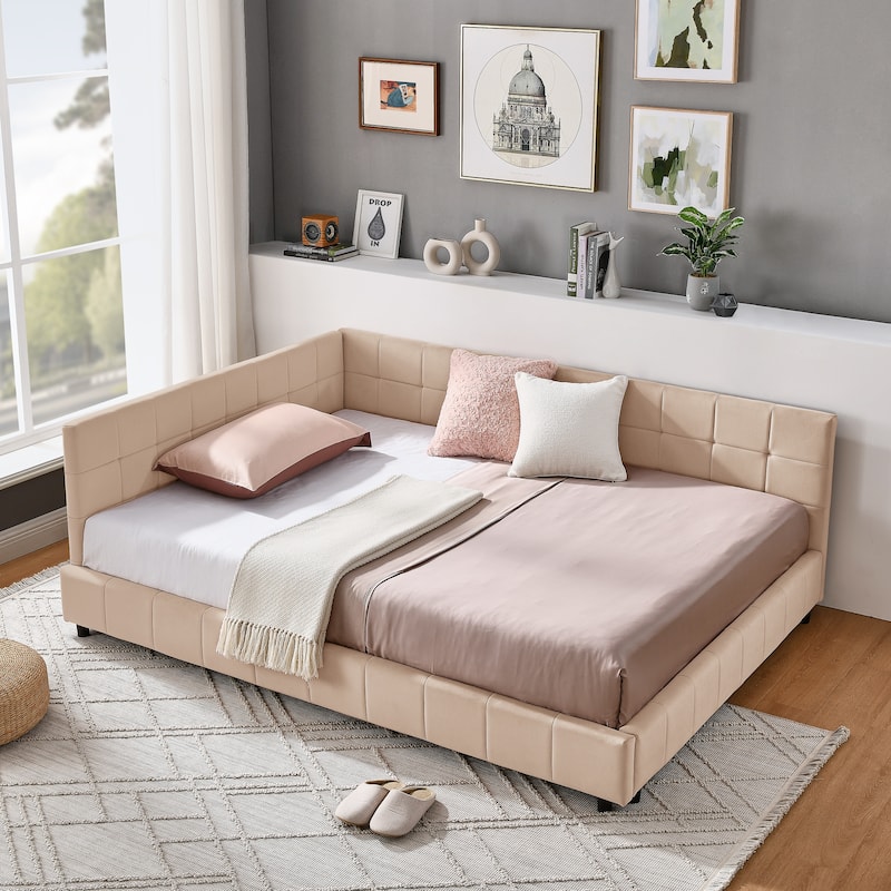 Velvet Upholstered Full Size Tufted Daybed with Backrest & Armrests, Pink Sofa Bed for Bedroom & Living Room - Pink