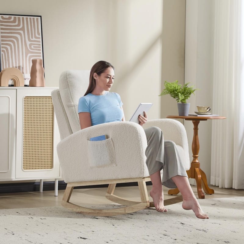 Solid Wood Modern Rocking Chair with High Back and Pocket - 29.5" D x 24.8" W x 40.9" H