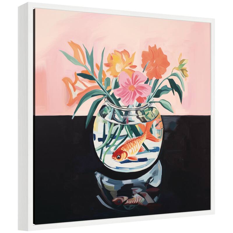 Kate and Laurel Sylvie Goldfish Bowl Botanical Framed Canvas by The Creative Bunch Studio - 22x22 - White