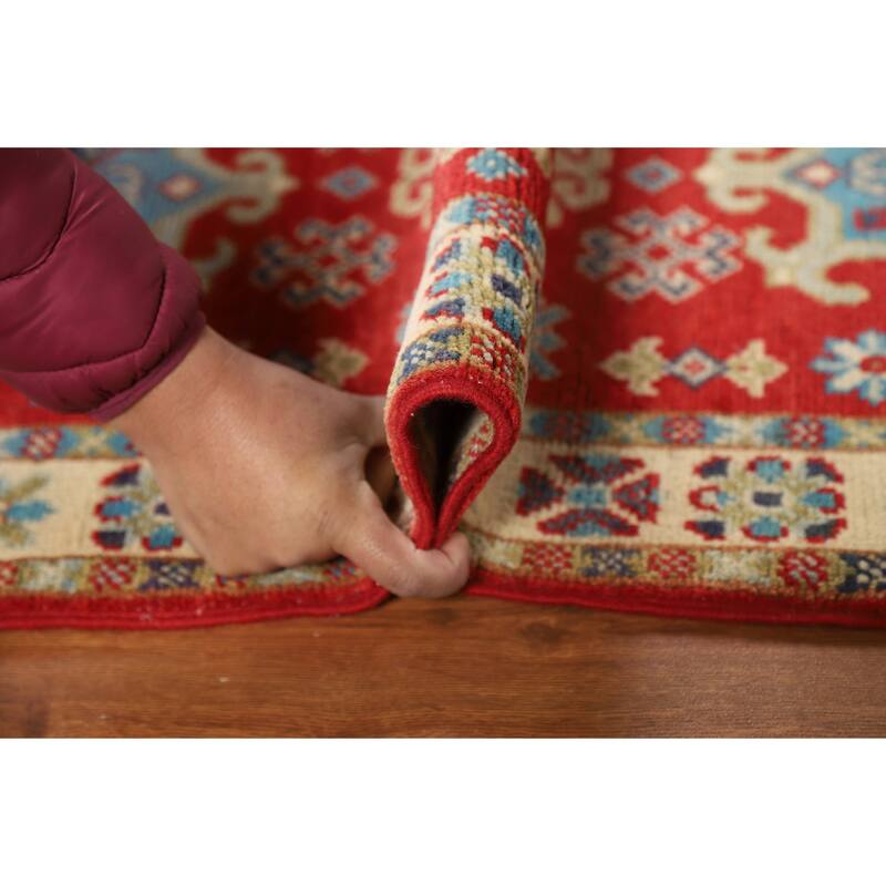 Red Geometric Kazak Foyer Rug Hand-Knotted Traditional Wool Carpet - 2'0" x 3'0"