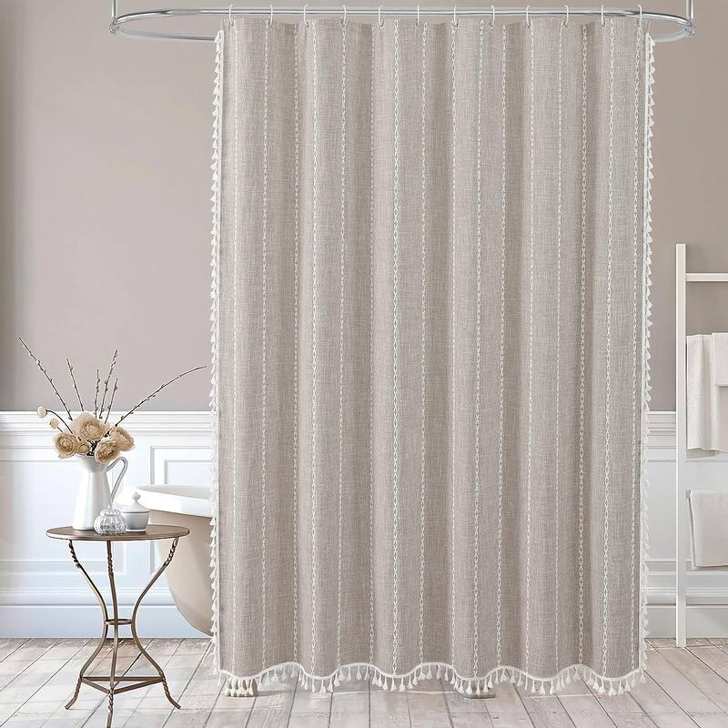 Boho Farmhouse Fabric Shower Curtain Modern Cotton Linen