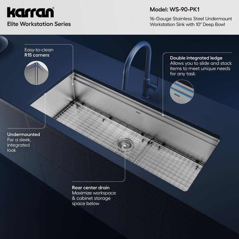Karran 45" Undermount WS-90 Single Bowl 16 Gauge Stainless Steel Workstation Kitchen Sink