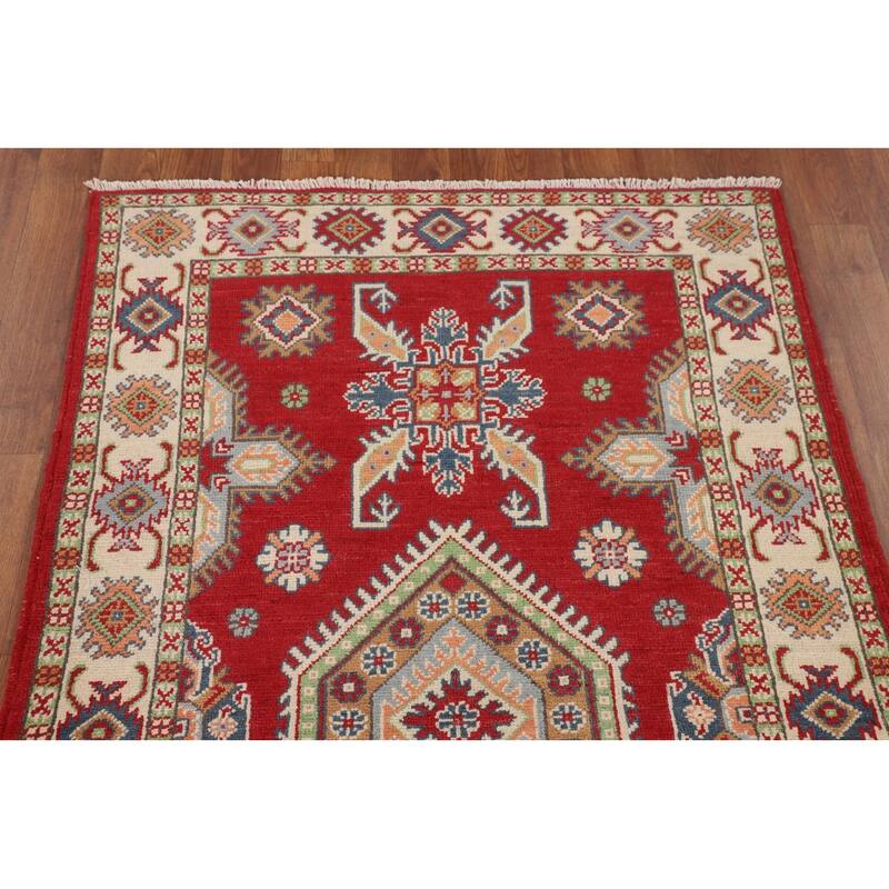 Geometric Red Kazak Accent Rug Handmade Wool Carpet - 3'2" x 5'1"