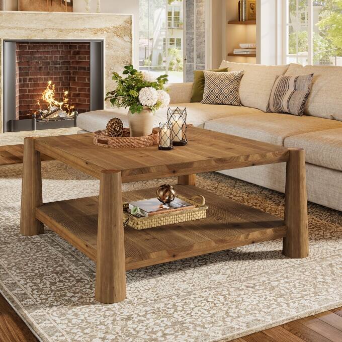 34" Rustic Solid Wood Coffee Table, Square Living Room Center Table - Brown