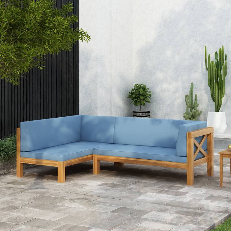 Brava Outdoor Acacia Wood X-Back Patio Sectional Sofa by Christopher Knight Home - Left Facing+Teak Finish+Blue Cushion