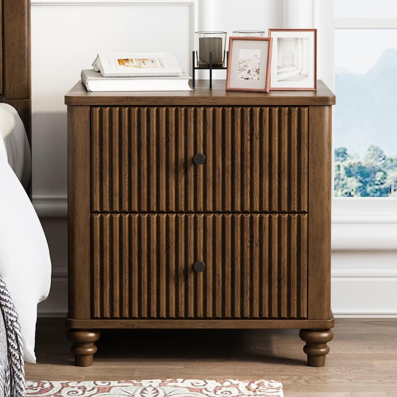 GDFStudio Mid-Century Fluted 3-Drawer Wooden Nightstand with Metal Handles - Walnut-Single