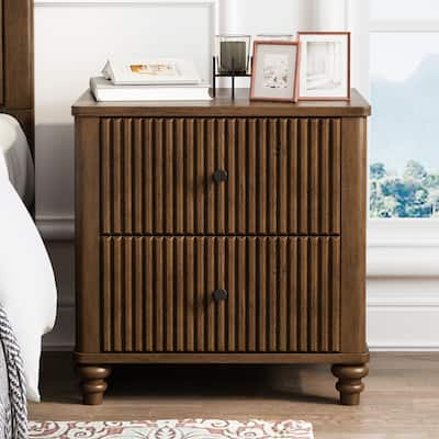 Modern Fluted Nightstand with 2 Large Drawers & 1 Hidden Drawer, Wood Bedside Tables for Bedroom, Retro Simple Style End Table