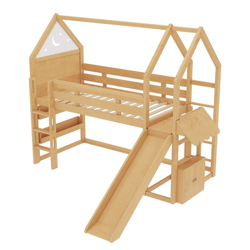Twin Size Loft Bed with Bookshelf Playful Design for Kids House-Shaped Structure with Slide High-Quality Safety Rails