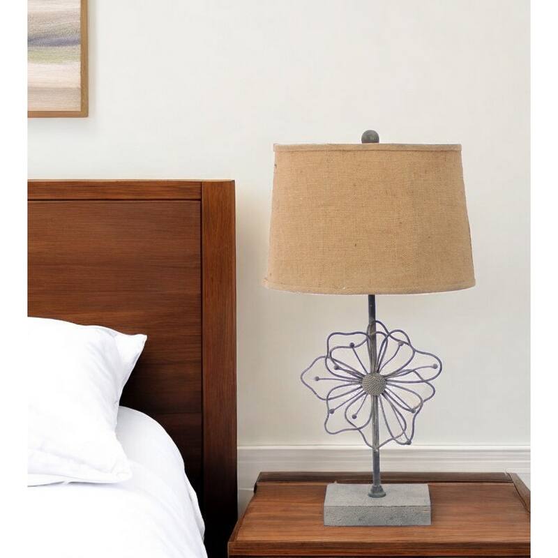 Modern Grey Table Lamp with Khaki Fabric Drum Shade - 11” x 15” x 27.75”