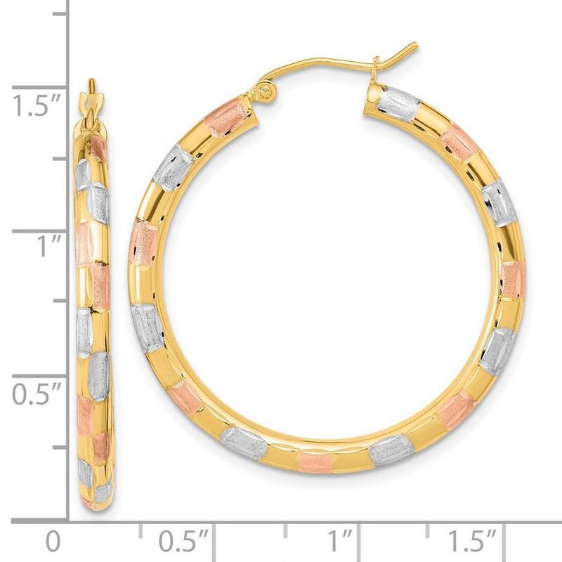 Curata 14k Yellow Gold With White and Rose Rhodium Satin Diamond cut 36x3mm Hoop Earrings
