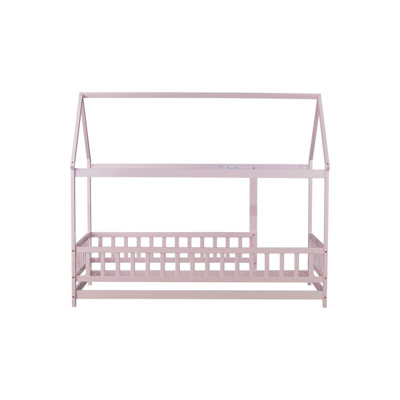 Twin Size Wooden Floor Bed with Roof Frame and Safety Guardrails, Pink