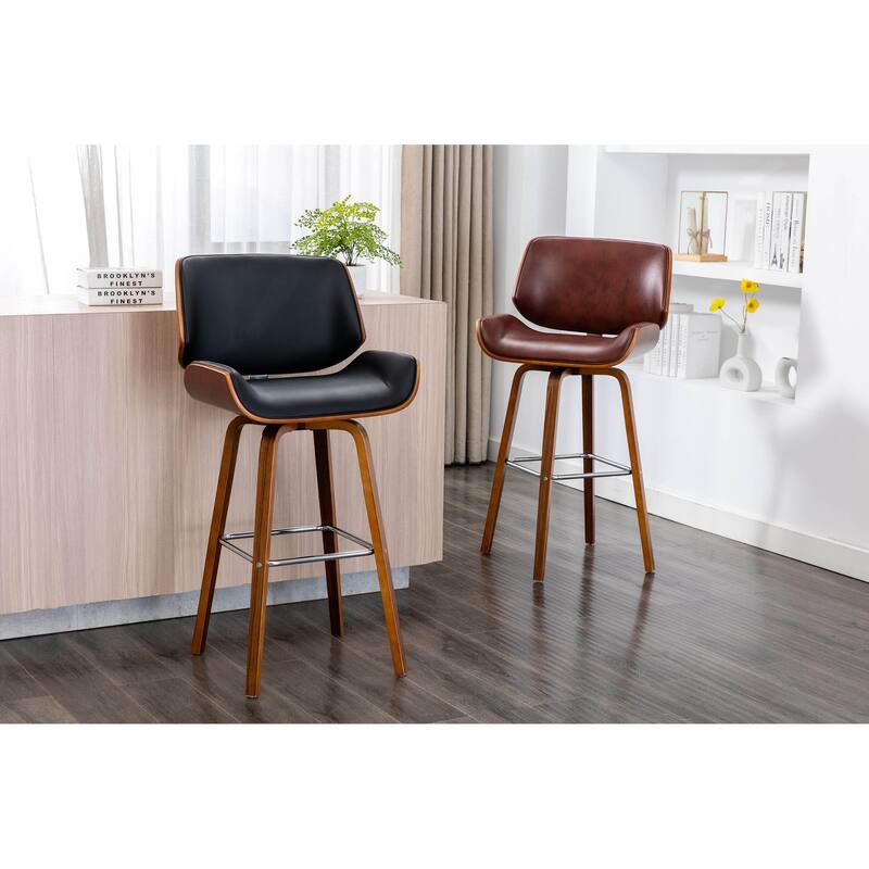 Porthos Home Oma Swivel Bar Stool, PU Leather, Wooden Legs with Footrest