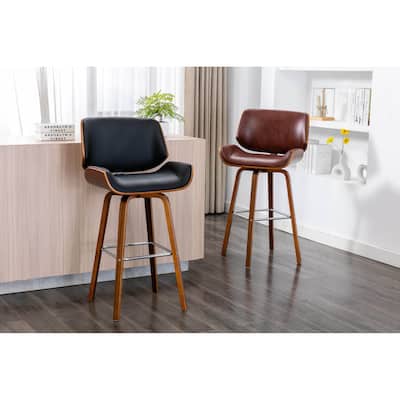 Porthos Home Oma Swivel Bar Stool, PU Leather, Wooden Legs with Footrest