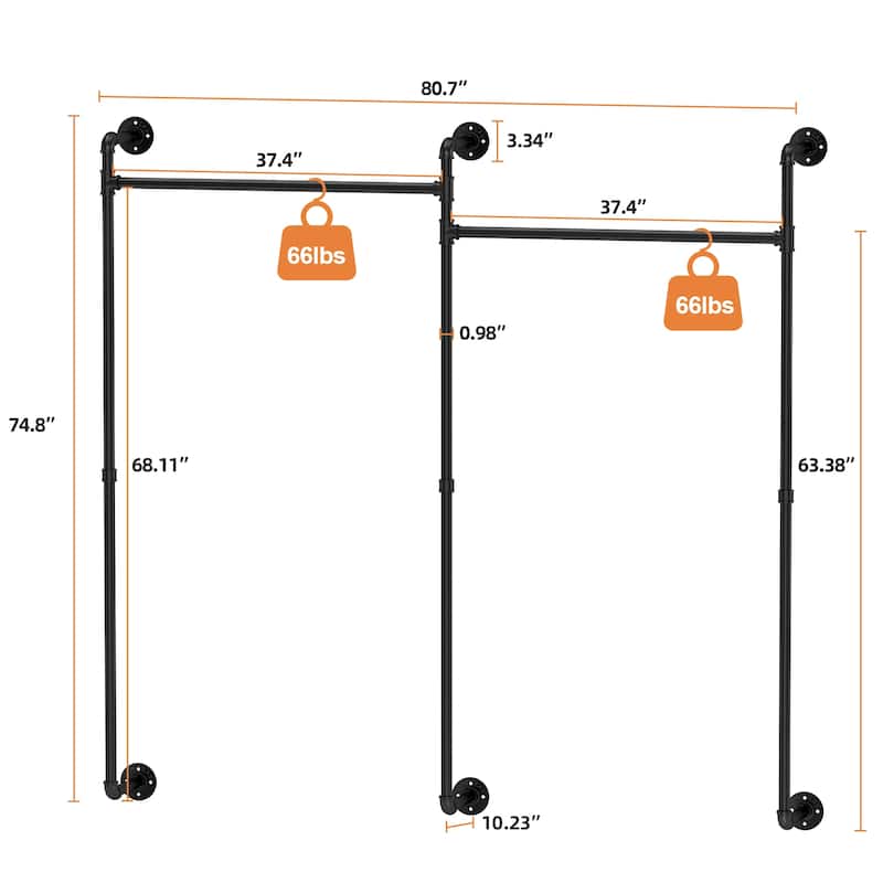Industrial Pipe Clothes Rack Wall Mounted Iron Garment Bar for Closet