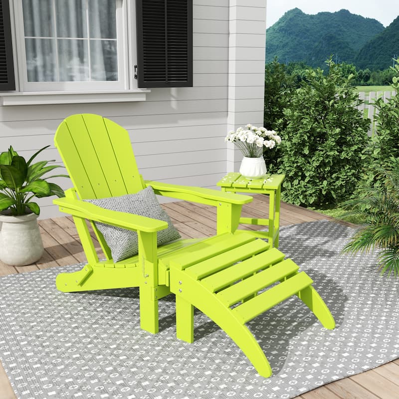 Polytrends Laguna Hdpe All Weather Outdoor Patio Foldable Adirondack Chair With Ottoman And Side Table (3-Piece Set) - Lime