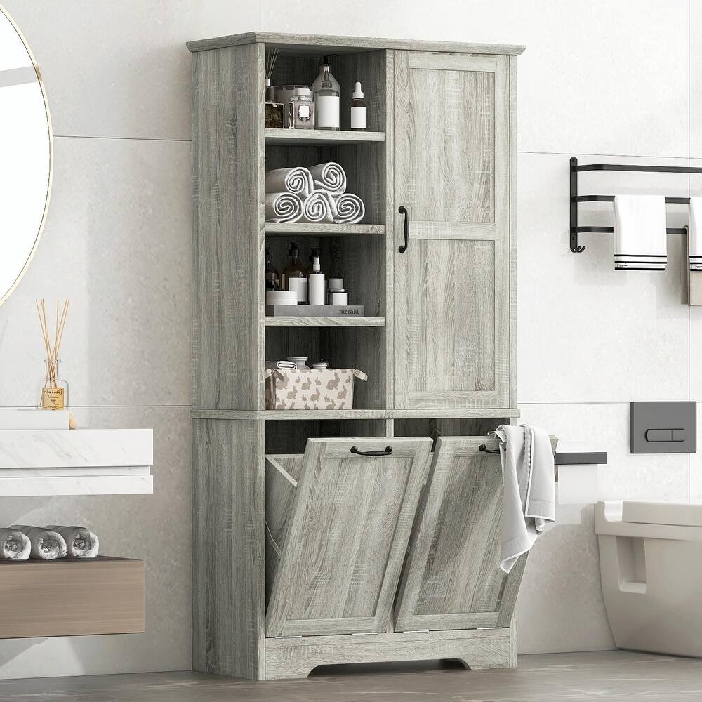 Bathroom Storage Cabinet with Doors and Drawers, Tilt-Out Laundry Hamper