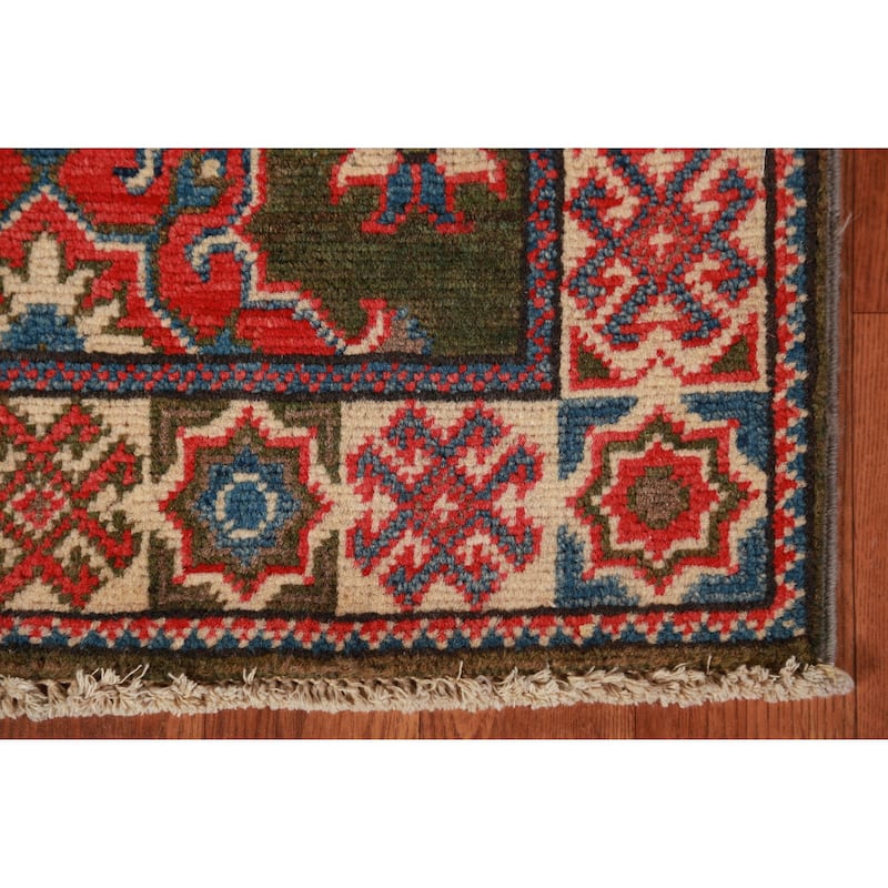 Geometric Green Kazak Oriental Foyer Rug Handmade Wool Carpet - 2'0"x 3'0"