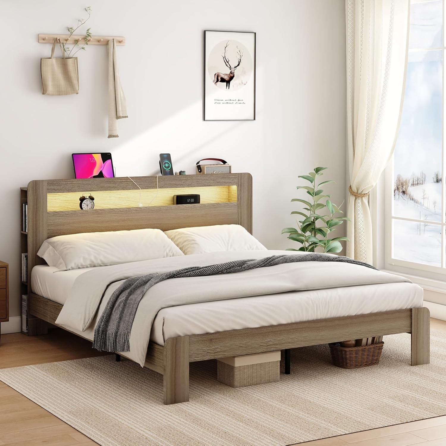 King Size Wooden Bed Frame with Headboard, Storage Bookshelf, and LED Lights, Farmhouse Style, Easy Assembly
