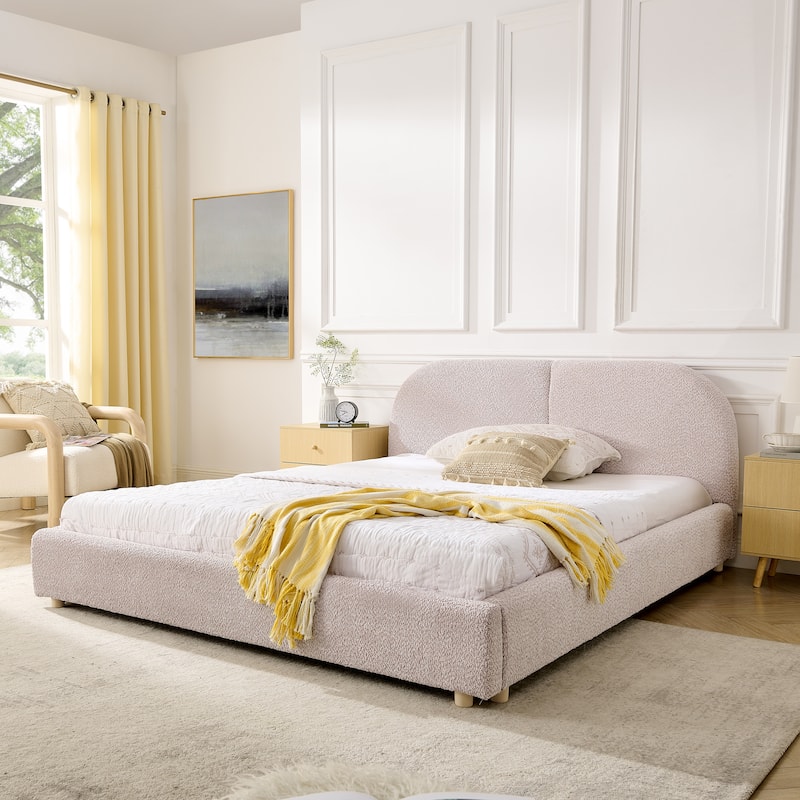 Stylish Curve-shaped Upholstered Platform Bed Frame Modern Minimalist Low Profile Bed with Curved Headboard Optional Storage Bed