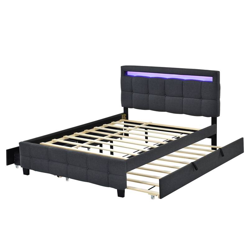 Queen Size Linen Upholstered Platform Bed with Twin XL Trundle and 2 Drawers Wood Storage Bed Frame with LED & Tufted Headboard
